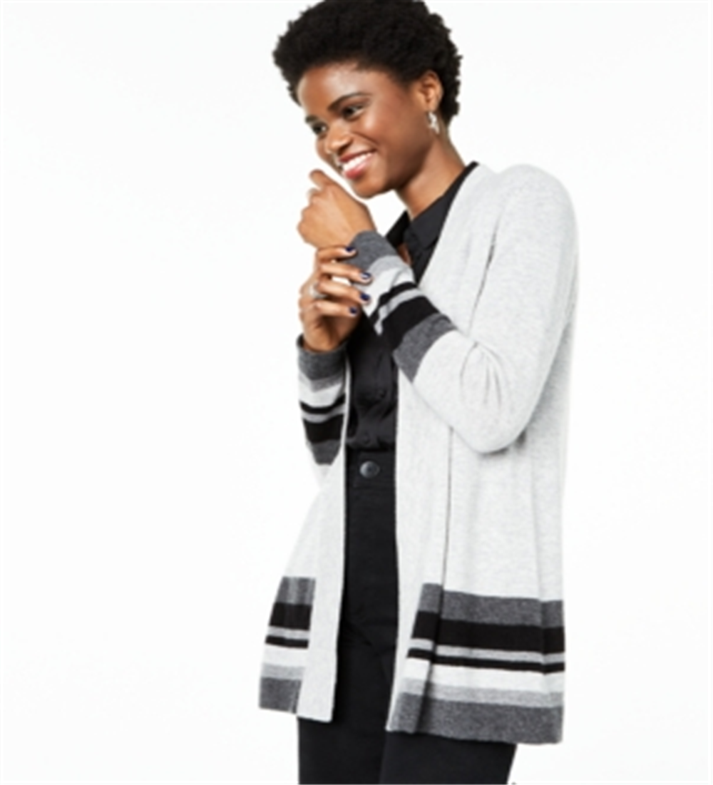 Cardigan feminino listrado de cashmere Charter Club, tamanho X-G, prateado