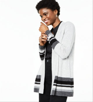 Charter Club Women's Striped Cashmere Cardigan Silver Size X-Large