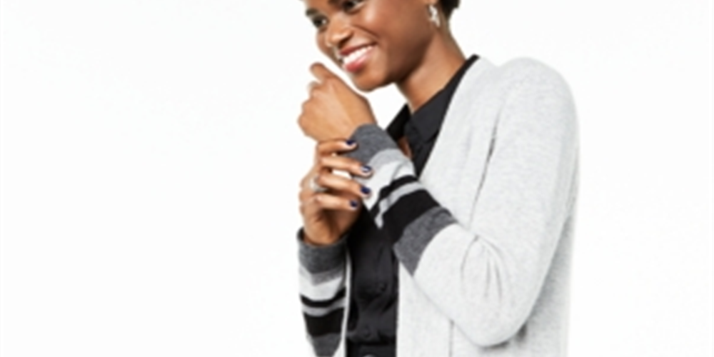 Cardigan feminino listrado de cashmere Charter Club, tamanho X-G, prateado