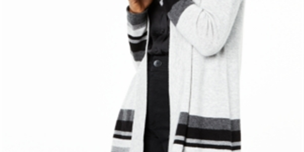 Cardigan feminino listrado de cashmere Charter Club, tamanho X-G, prateado