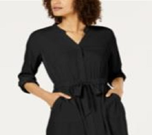 Vestido-camisa feminino Alfani com manga 3/4 e cinto, preto, tamanho 12, pequeno