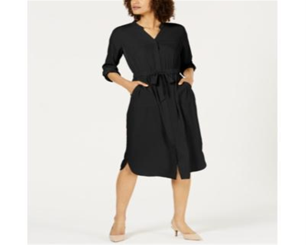 Vestido-camisa feminino Alfani com manga 3/4 e cinto, preto, tamanho 12, pequeno