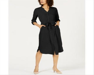 Vestido-camisa feminino Alfani com manga 3/4 e cinto, preto, tamanho 12, pequeno