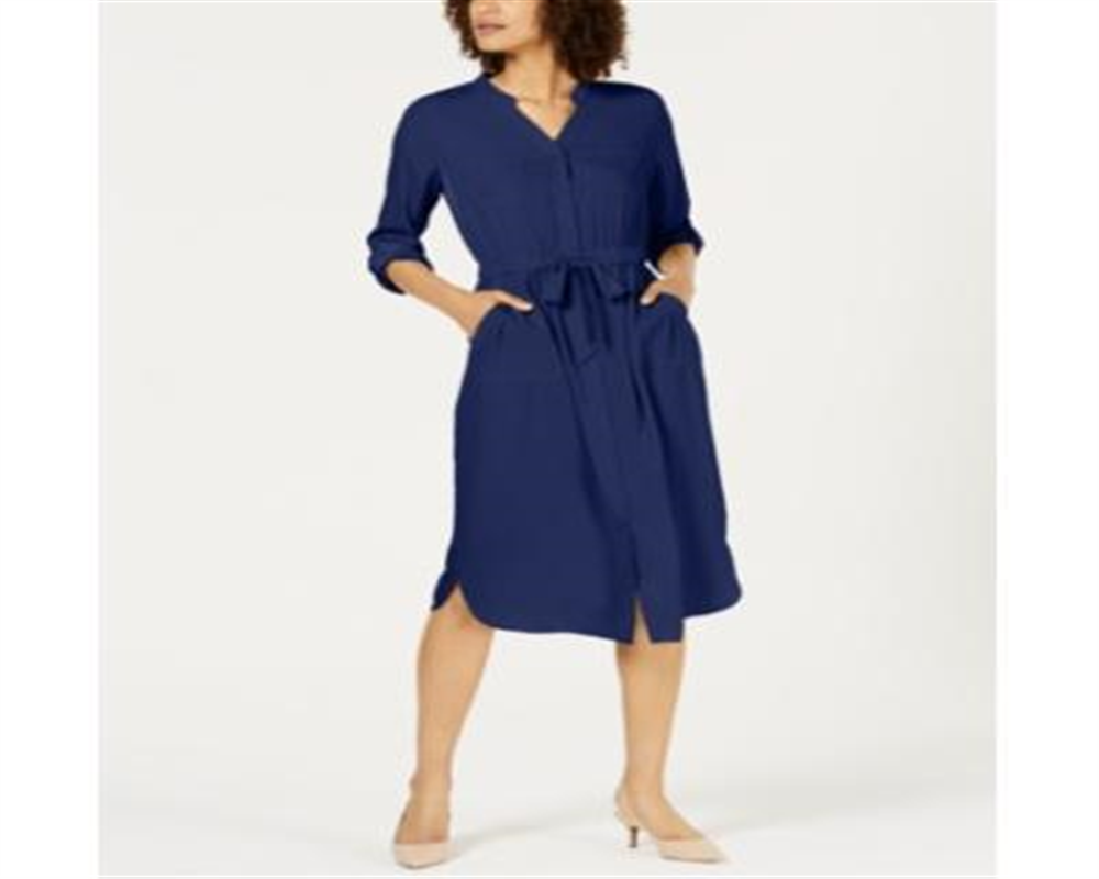 Vestido-camisa feminino Alfani com manga 3/4 e cinto, azul, tamanho 14, pequeno
