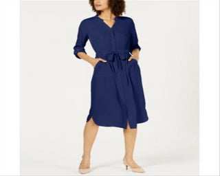 Vestido-camisa feminino Alfani com manga 3/4 e cinto, azul, tamanho 14, pequeno