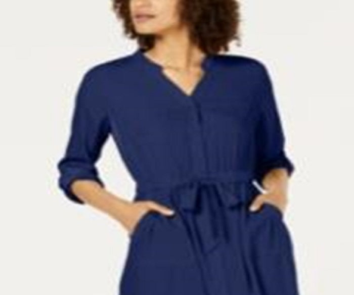 Vestido-camisa feminino Alfani com manga 3/4 e cinto, azul, tamanho 14, pequeno