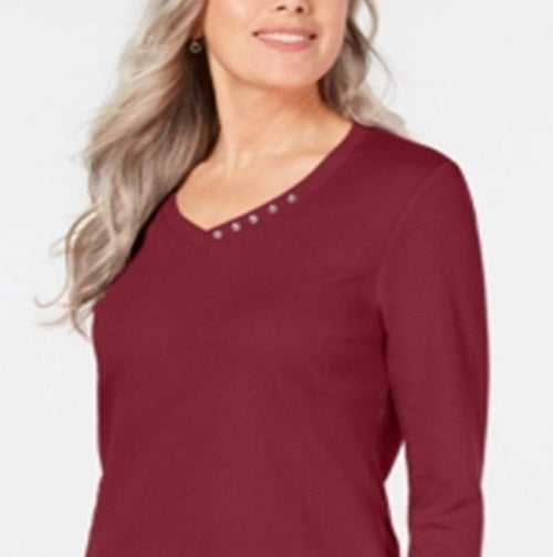 Karen Scott Blusa feminina de algodão com decote em V e acabamento em botões, vermelha, tamanho pequeno