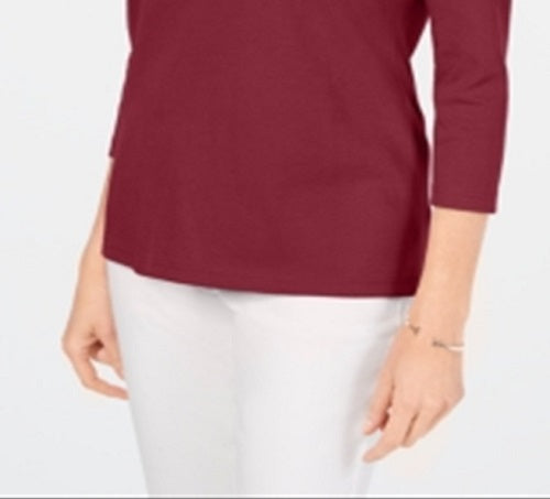 Karen Scott Blusa feminina de algodão com decote em V e acabamento em botões, vermelha, tamanho pequeno