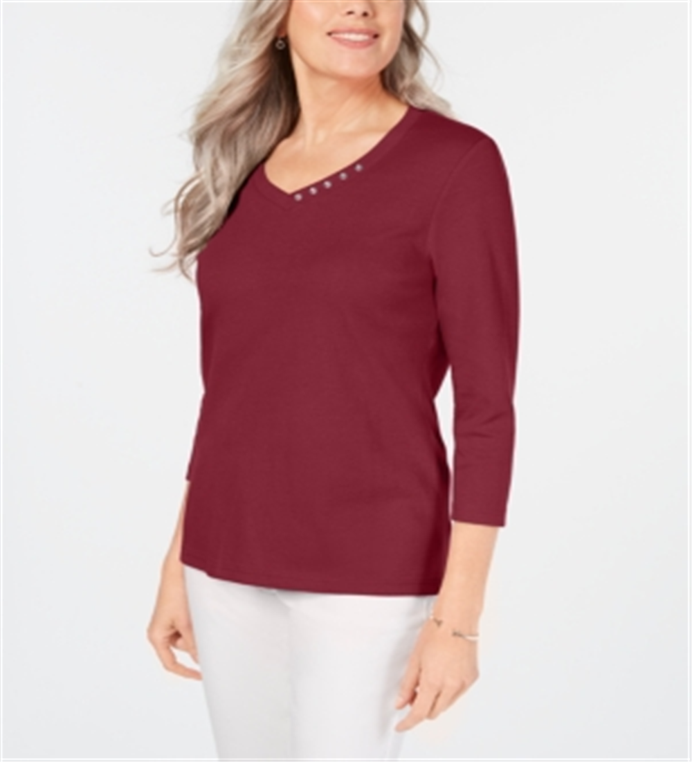 Karen Scott Blusa feminina de algodão com decote em V e acabamento em botões, vermelha, tamanho pequeno