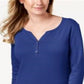 Karen Scott Top Henley de Algodão Feminino Azul Tamanho Grande