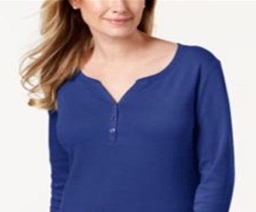 Karen Scott Top Henley de Algodão Feminino Azul Tamanho Grande