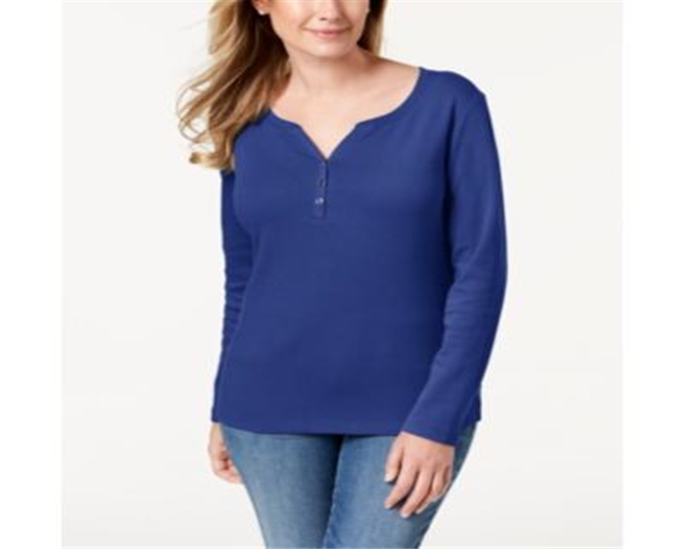 Karen Scott Top Henley de Algodão Feminino Azul Tamanho Grande