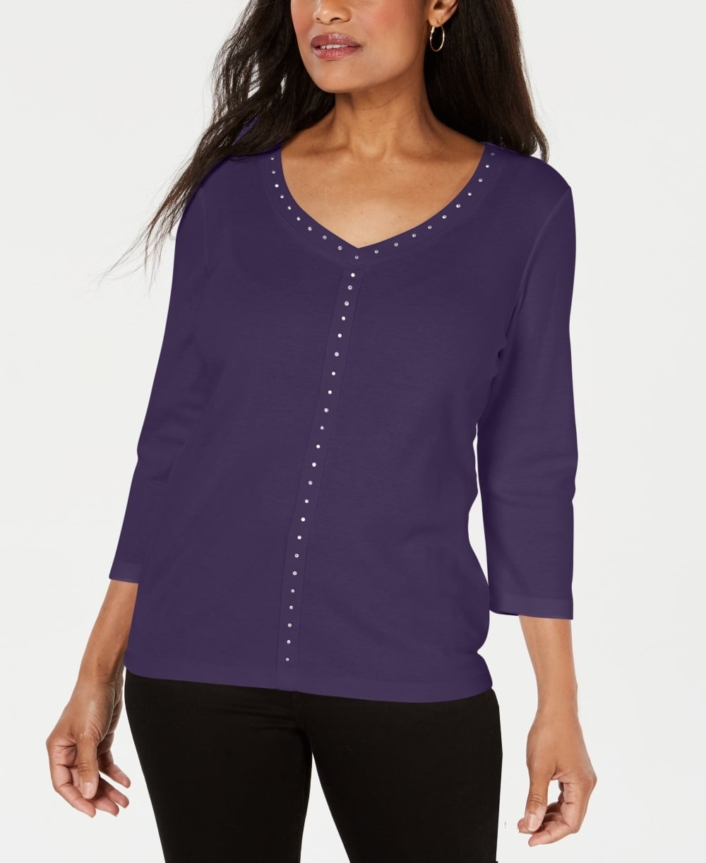 Karen Scott Blusa feminina roxa com decote em V e tachas