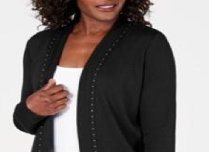 Karen Scott Cardigan Feminino de Algodão com Tachas e Frente Aberta, Preto, Tamanho Grande