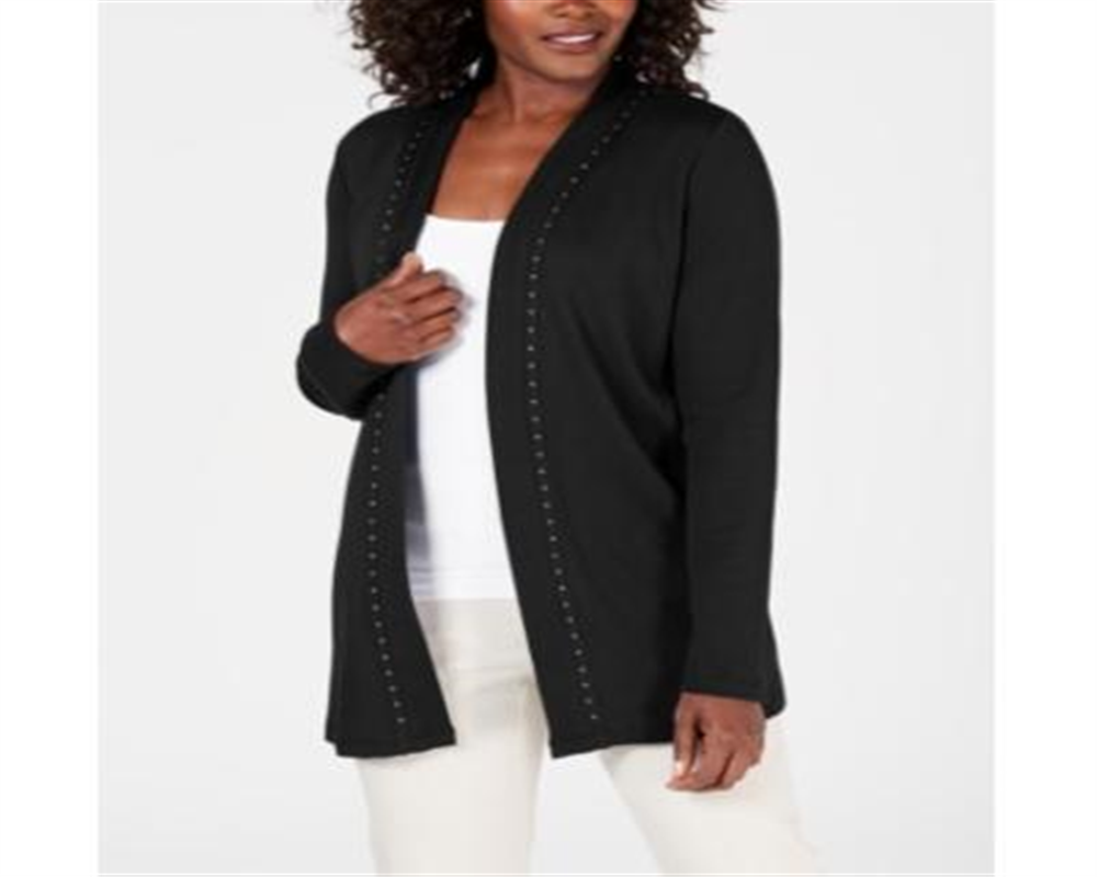 Karen Scott Cardigan Feminino de Algodão com Tachas e Frente Aberta, Preto, Tamanho Grande