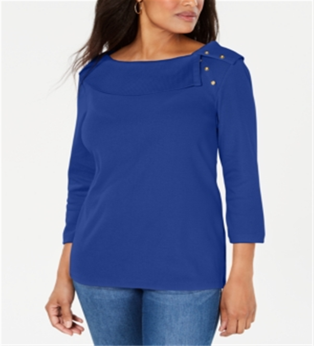 Blusa feminina Karen Scott de algodão com gola xale e botões, azul, tamanho grande