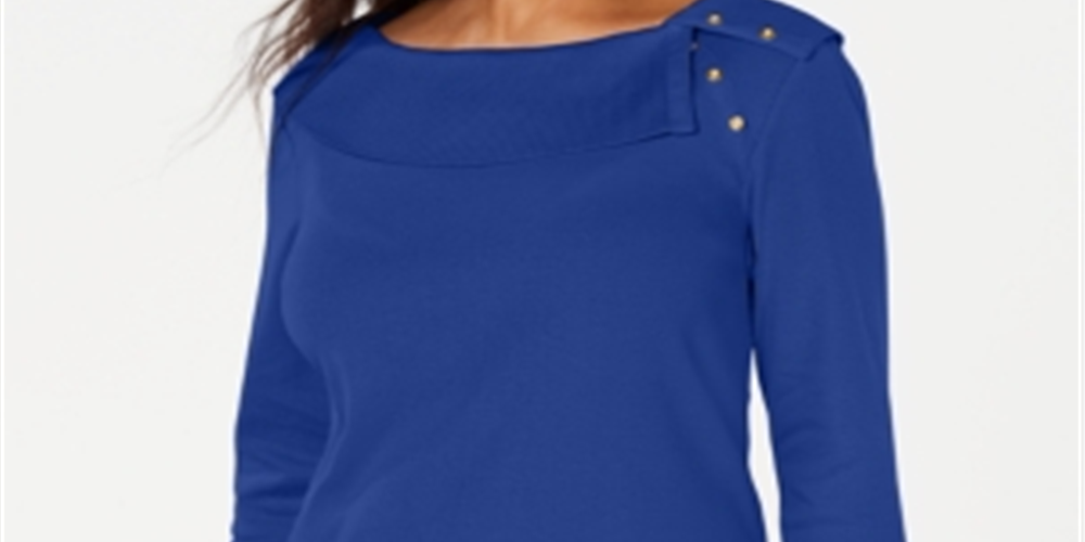 Blusa feminina Karen Scott de algodão com gola xale e botões, azul, tamanho grande