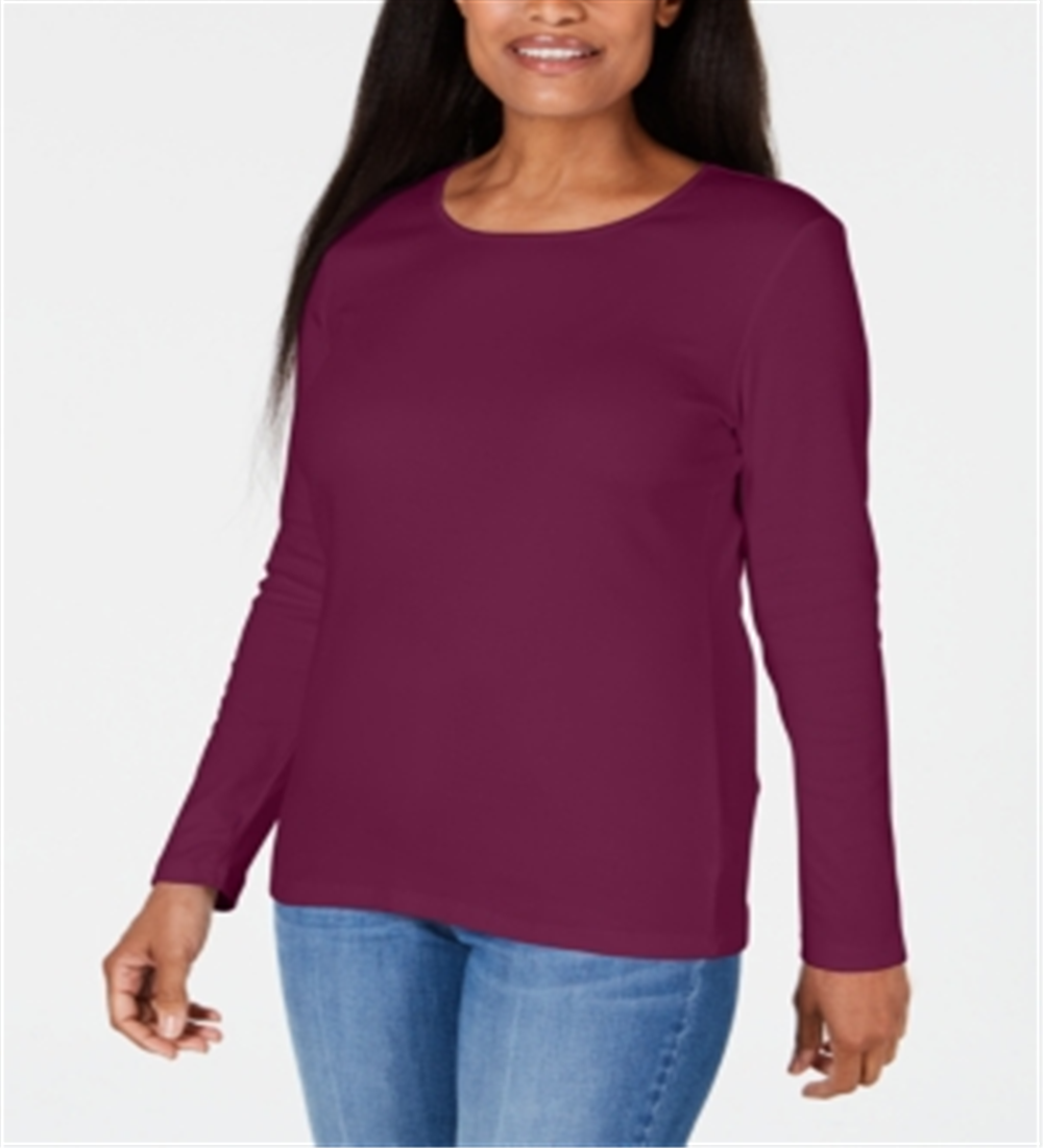 Karen Scott Blusa feminina com decote redondo e acabamento em cetim, roxa, tamanho XS