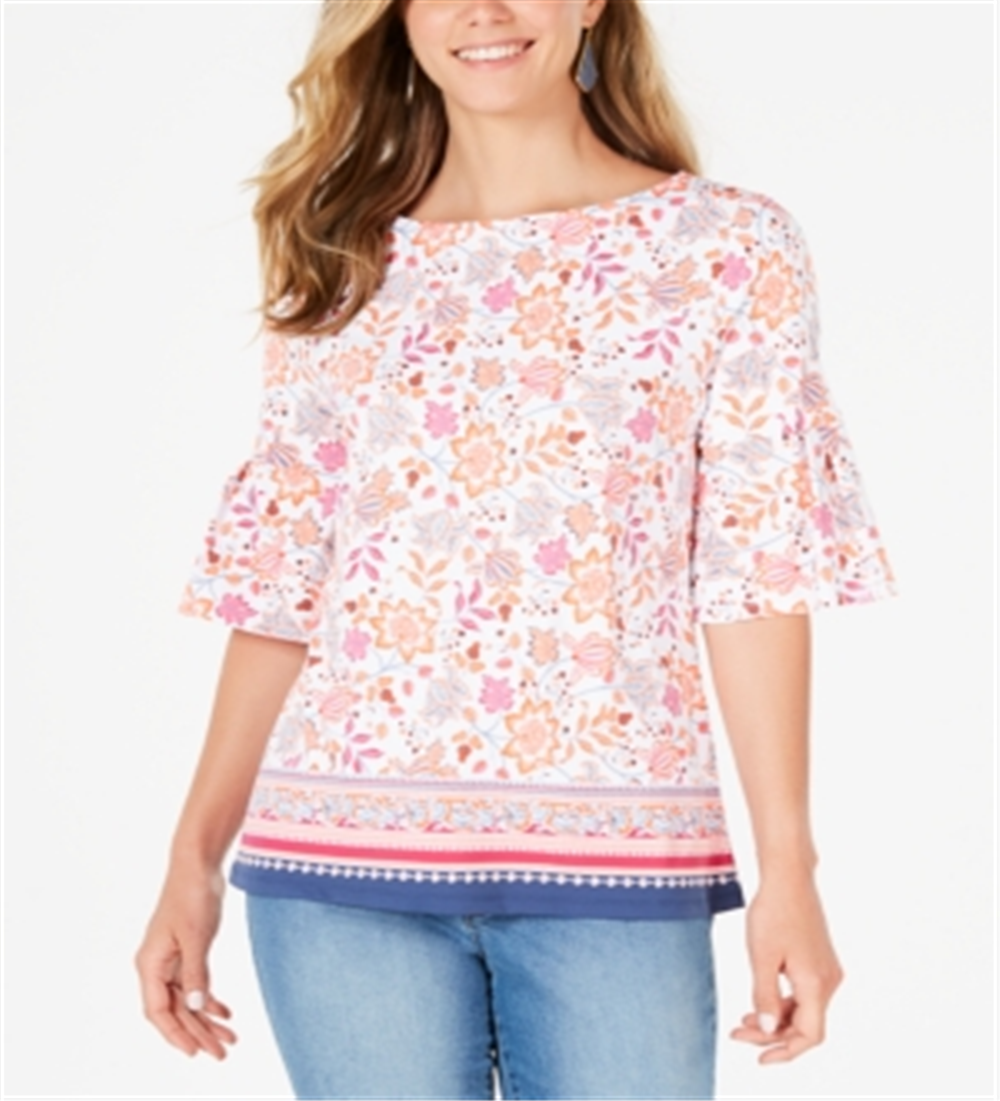 Blusa feminina estampada com manga sino Charter Club, branca, tamanho XX-G