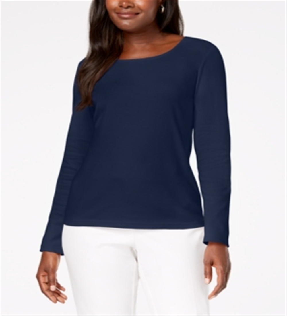 Karen Scott Blusa feminina de algodão com decote redondo, azul, tamanho pequeno e pequeno