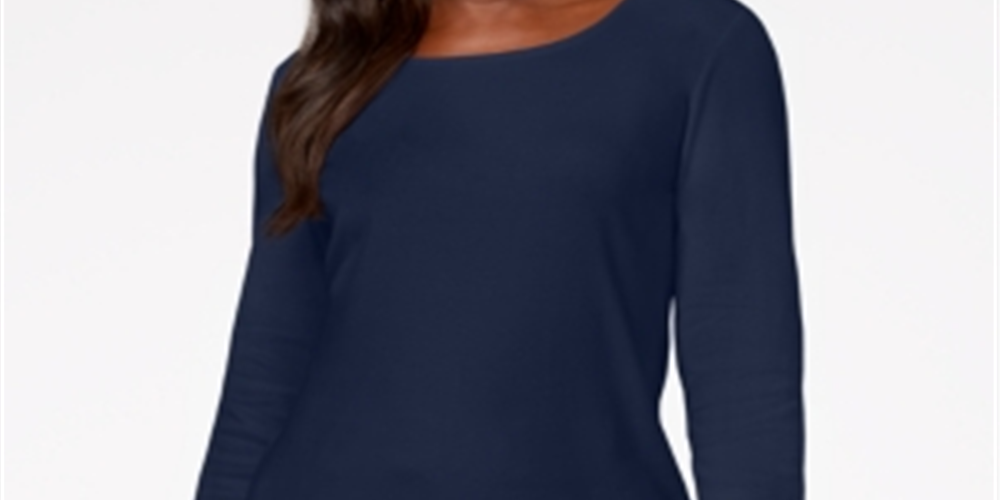 Karen Scott Blusa feminina de algodão com decote redondo, azul, tamanho pequeno e pequeno