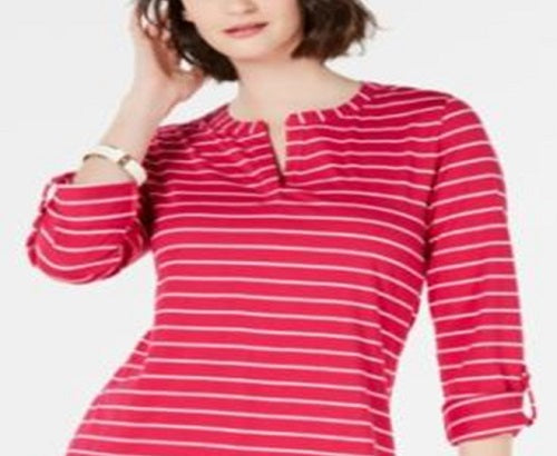 Camiseta feminina Charter Club de algodão listrada com aba enrolada, rosa, tamanho extragrande