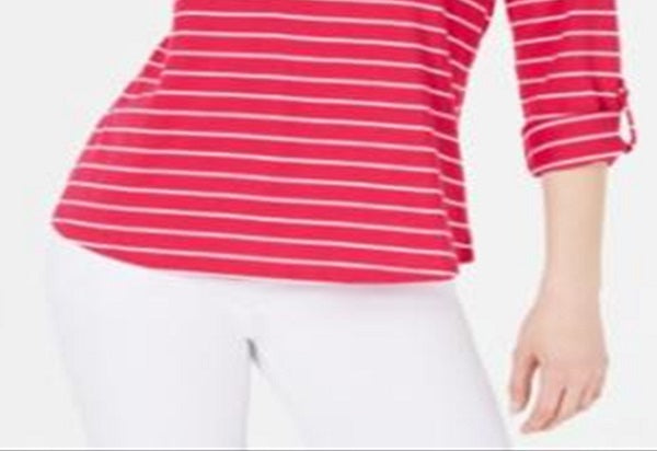 Camiseta feminina Charter Club de algodão listrada com aba enrolada, rosa, tamanho extragrande