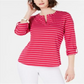 Camiseta feminina Charter Club de algodão listrada com aba enrolada, rosa, tamanho extragrande