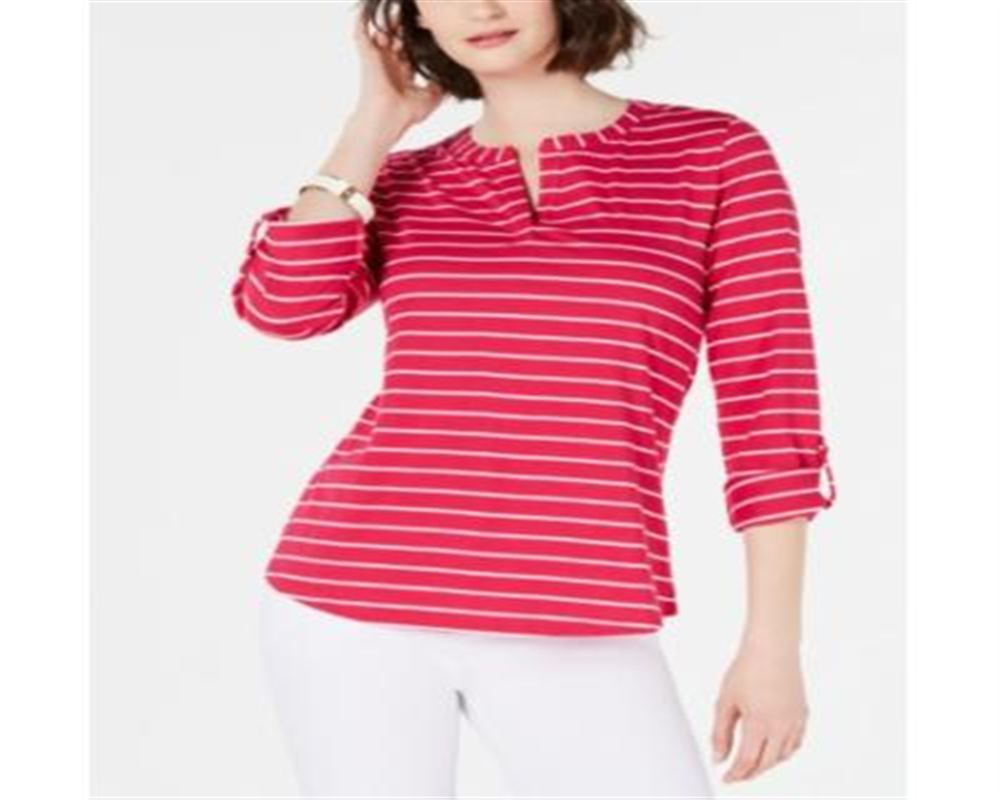 Camiseta feminina Charter Club de algodão listrada com aba enrolada, rosa, tamanho extragrande