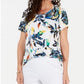 Top estampado feminino JM Collection com decote redondo, branco, tamanho pequeno