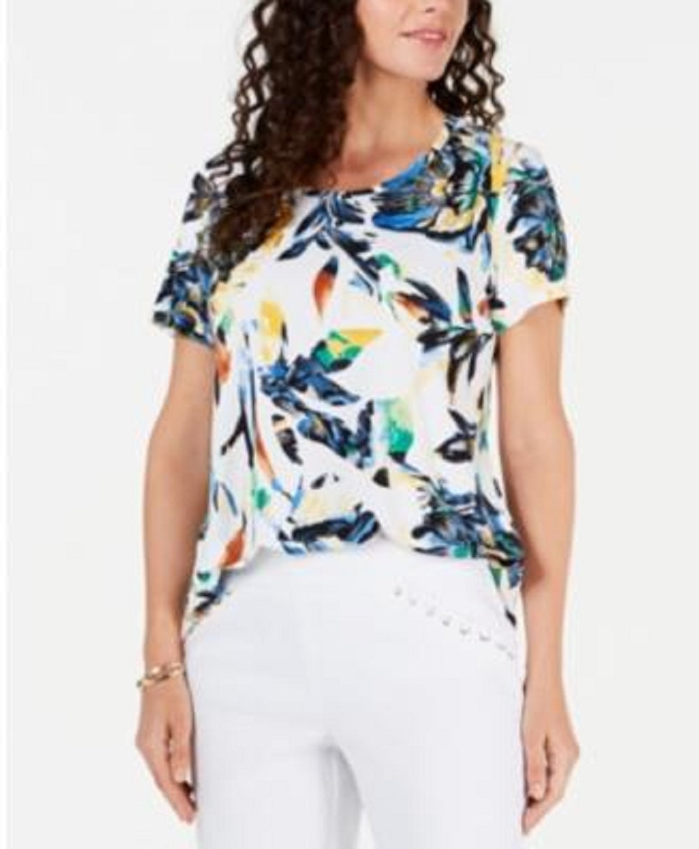 Top estampado feminino JM Collection com decote redondo, branco, tamanho pequeno