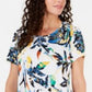 Top estampado feminino JM Collection com decote redondo, branco, tamanho pequeno