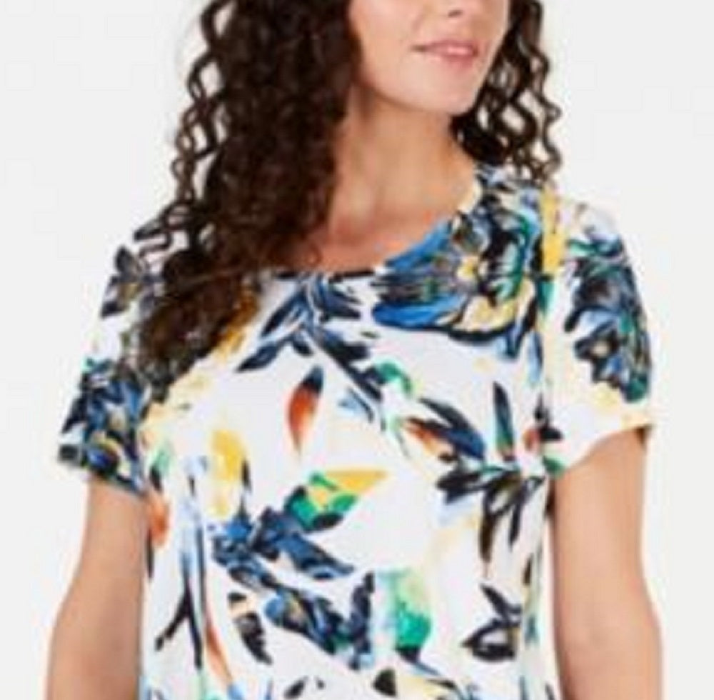 Top estampado feminino JM Collection com decote redondo, branco, tamanho pequeno