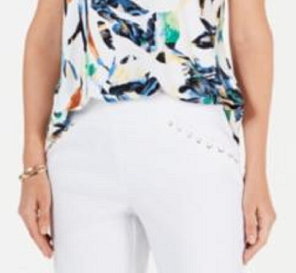 Top estampado feminino JM Collection com decote redondo, branco, tamanho pequeno