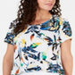 Top estampado feminino JM Collection com decote redondo, branco, tamanho médio
