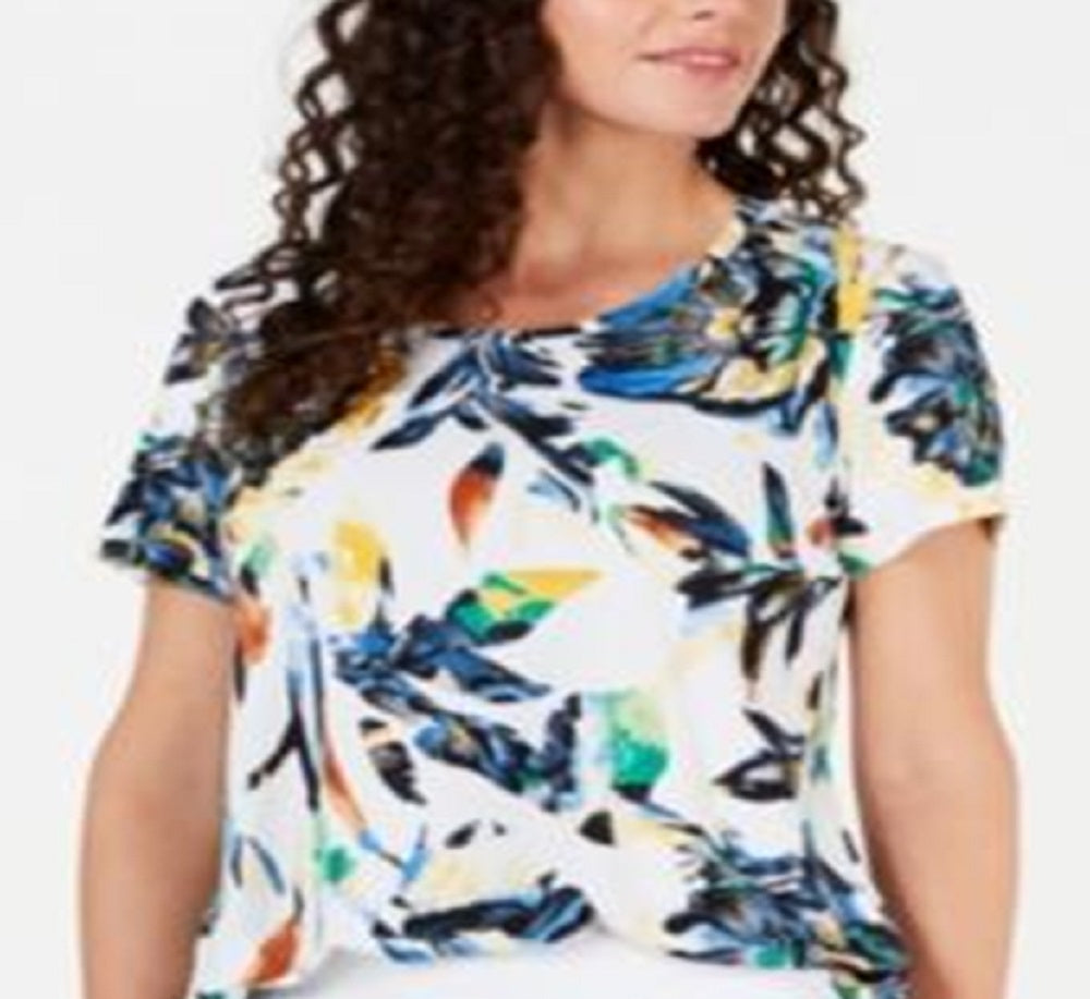 Top estampado feminino JM Collection com decote redondo, branco, tamanho médio
