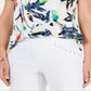 Top estampado feminino JM Collection com decote redondo, branco, tamanho médio