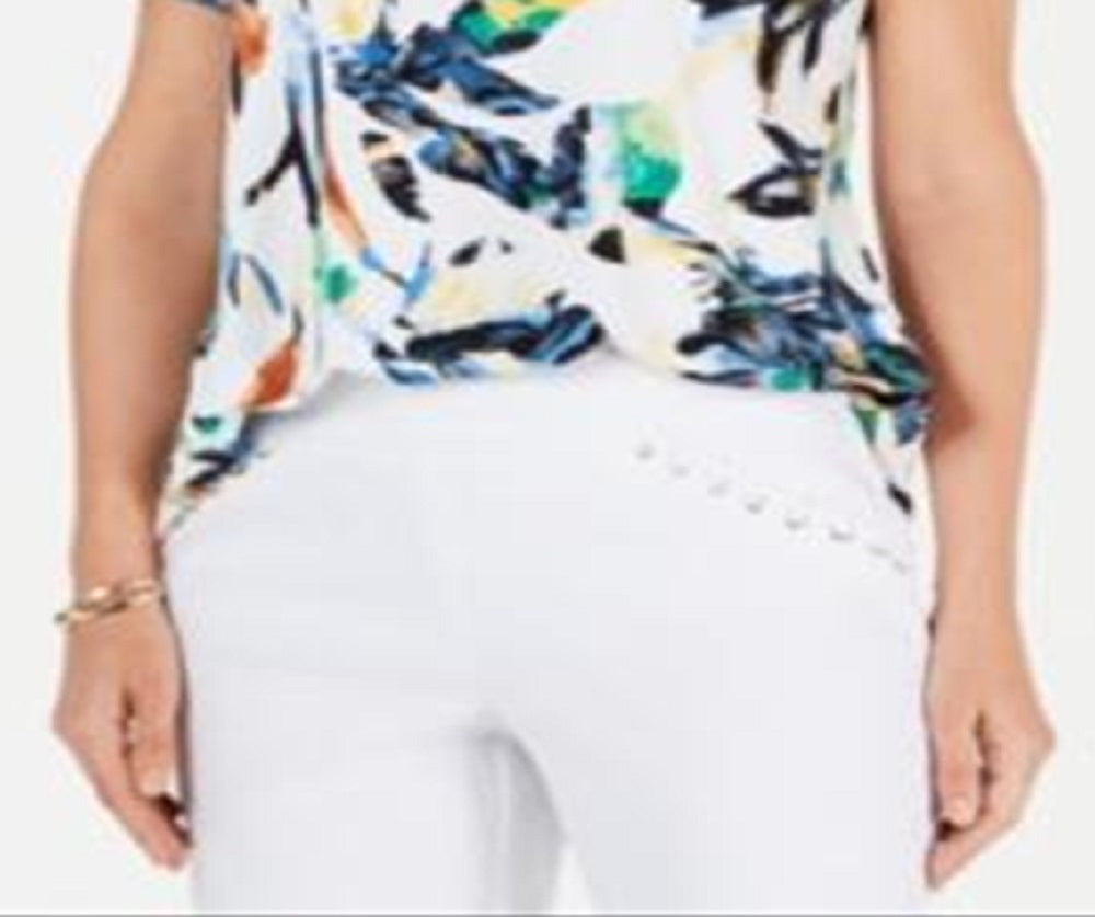 Top estampado feminino JM Collection com decote redondo, branco, tamanho médio