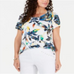 Top estampado feminino JM Collection com decote redondo, branco, tamanho médio