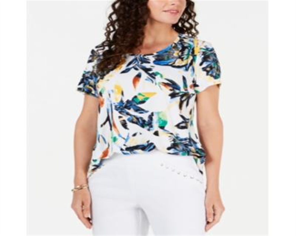 Top estampado feminino JM Collection com decote redondo, branco, tamanho médio