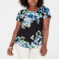 Top estampado feminino JM Collection com decote redondo, preto, tamanho extragrande