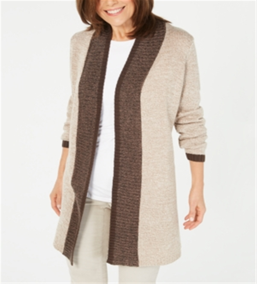 Karen Scott Cardigan Feminino com Acabamento Contrastado e Frente Aberta, Marrom, Tamanho XS