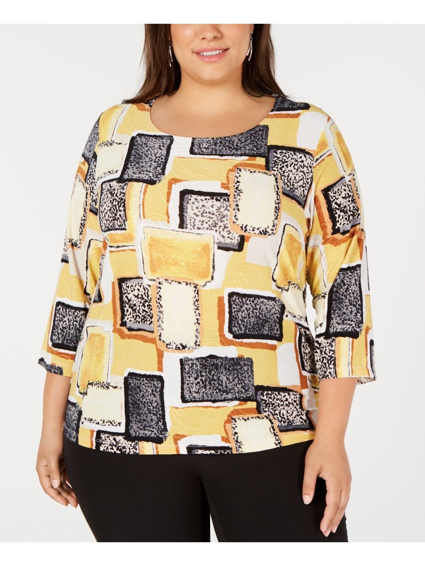 Blusa feminina estampada com manga 3/4 e jacquard, tamanho médio, amarela, da coleção JM