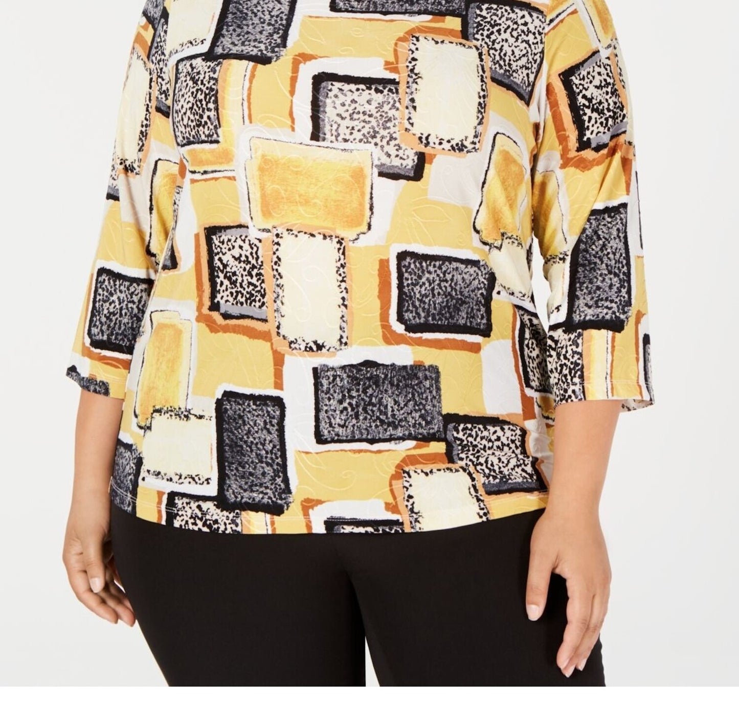 Blusa feminina estampada com manga 3/4 e jacquard, tamanho médio, amarela, da coleção JM