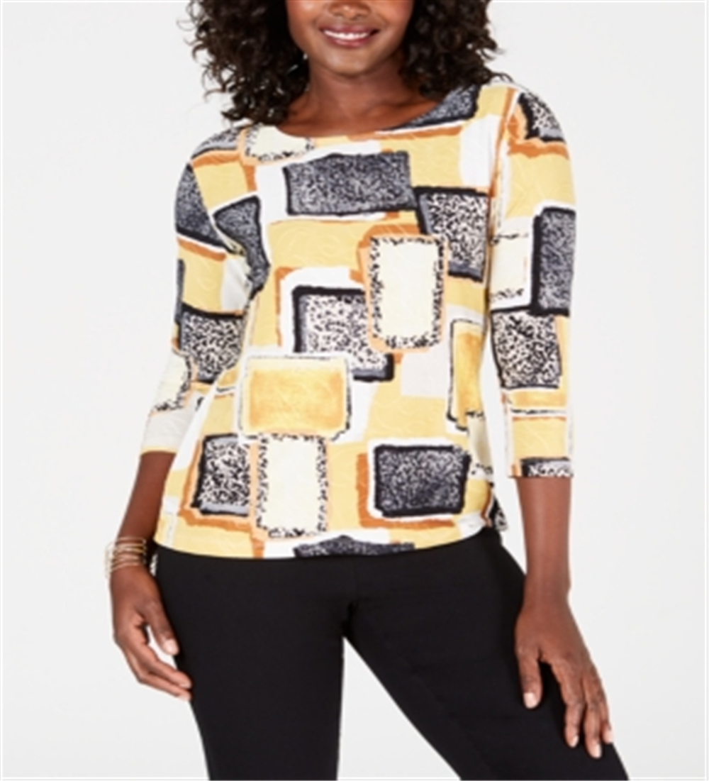 Blusa feminina estampada com manga 3/4 e jacquard, tamanho médio, amarela, da coleção JM