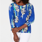 JM Collection Blusa feminina estampada com manga 3/4 em jacquard, azul, tamanho pequeno