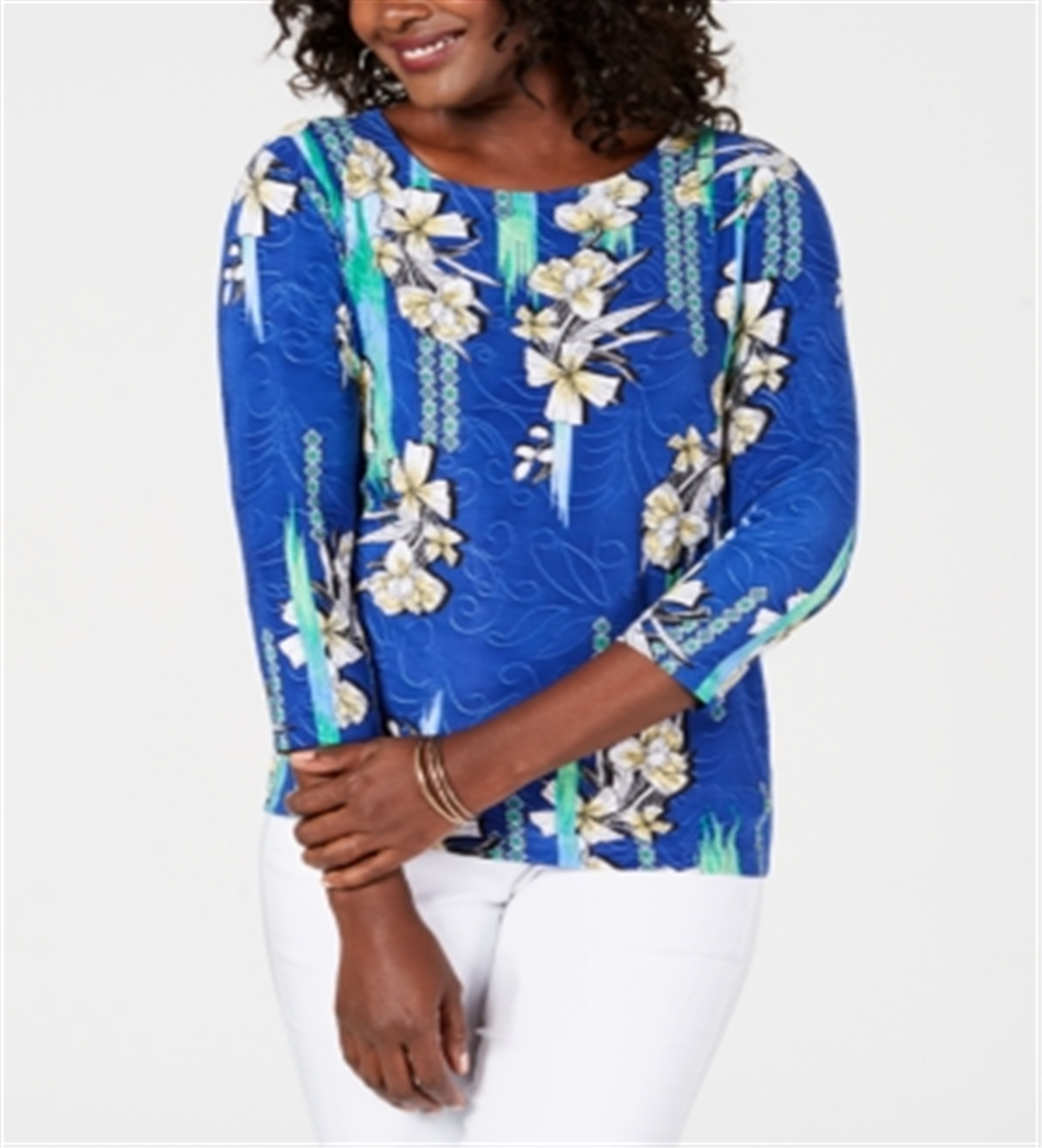 JM Collection Blusa feminina estampada com manga 3/4 em jacquard, azul, tamanho pequeno