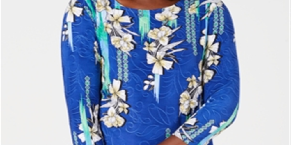 JM Collection Blusa feminina estampada com manga 3/4 em jacquard, azul, tamanho pequeno