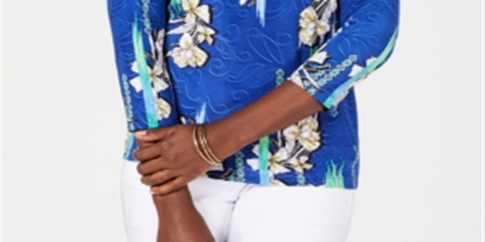 JM Collection Blusa feminina estampada com manga 3/4 em jacquard, azul, tamanho pequeno