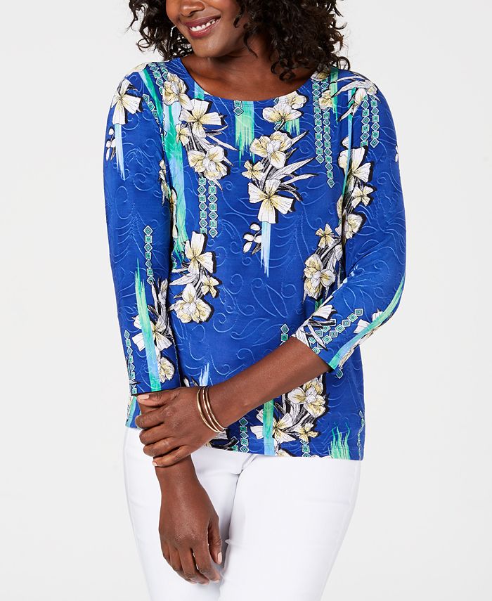 Blusa feminina estampada com manga 3/4 em jacquard, azul, tamanho médio, coleção JM